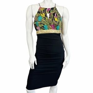 VINTAGE Y2K Nicole Miller Psychedelic Floral Stretch Silk Gold Cocktail Dress
